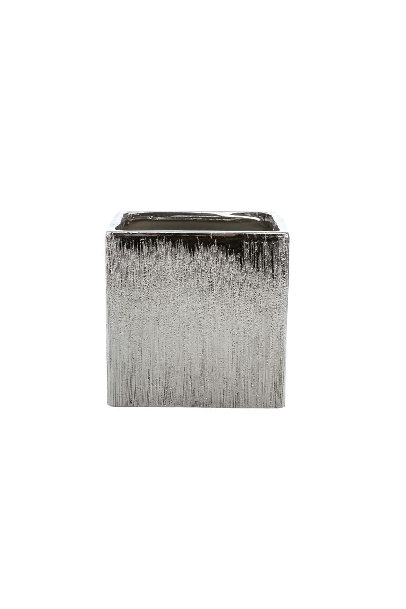 5 Inch Scratched Silver Cube Ceramic Vase 5"W x 5"H -- 24 Per Case