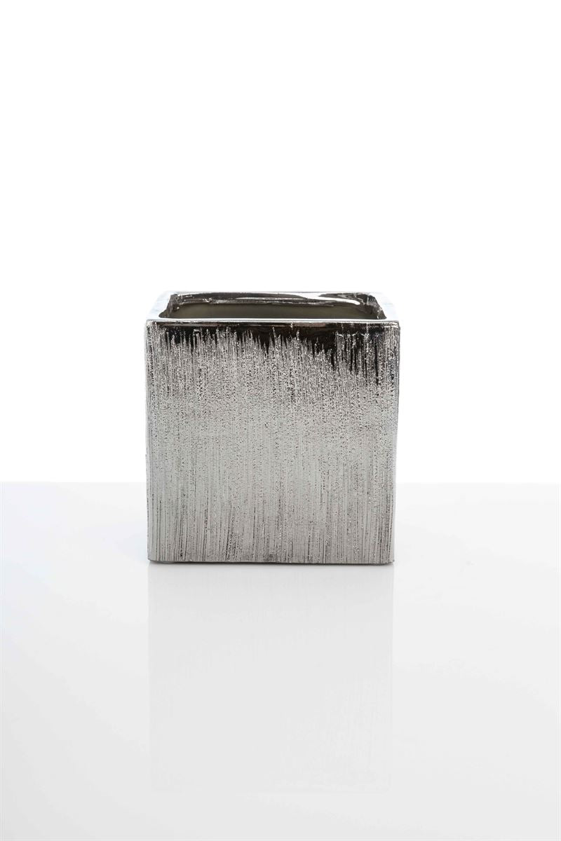 5 Inch Scratched Silver Cube Ceramic Vase 5W x 5H -- 24 Per Case