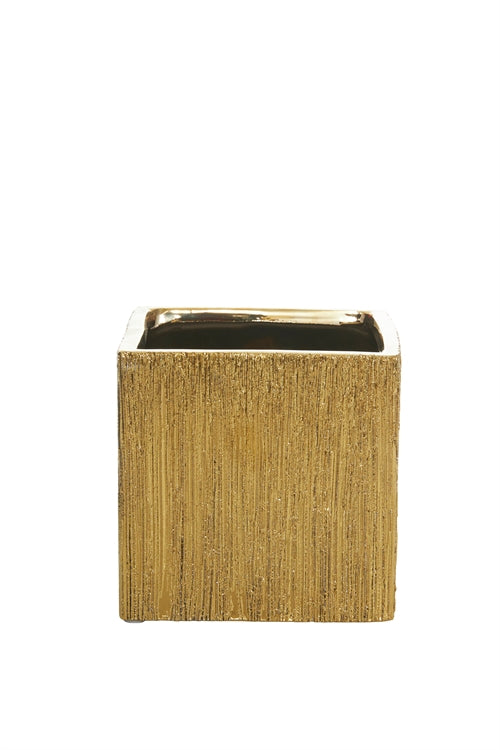 5 Inch Scratched Gold Cube Ceramic Vase 5"W x 5"H -- 24 Per Case