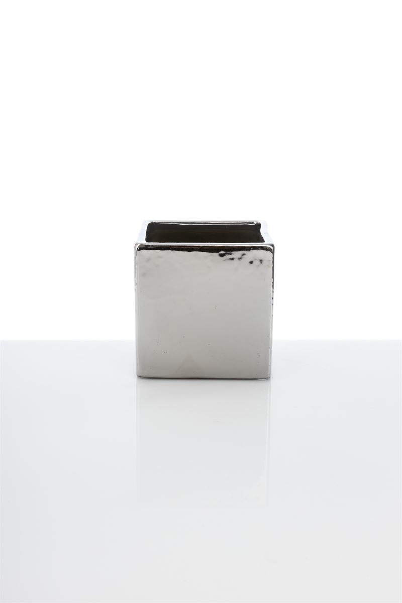 4 Inch Glossy Silver Cube Ceramic Vase 4W x 4H -- 36 Per Case