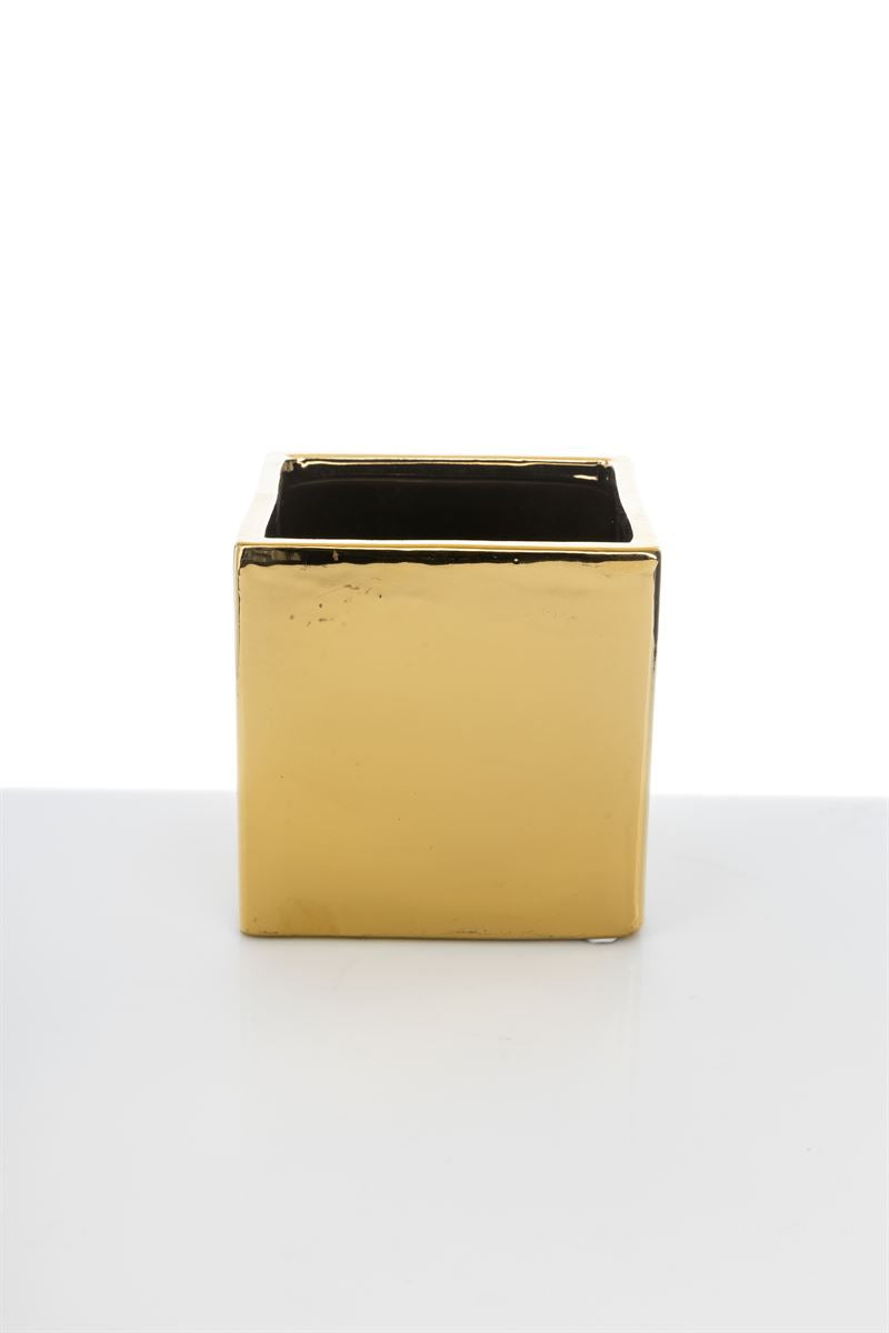 5 Inch Glossy Gold Cube Ceramic Vase 5W x 5H -- 24 Per Case
