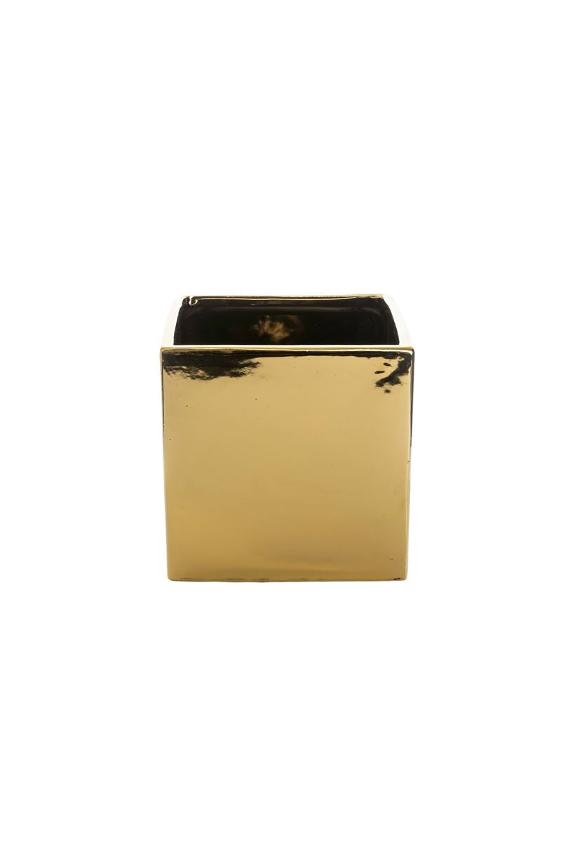 6 Inch Glossy Gold Cube Ceramic Vase 6"W x 6"H -- 12 Per Case