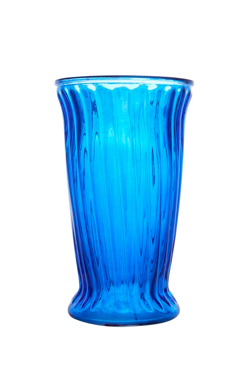 12 Inch Cobalt Blue Ribbed Cup Footed Glass Vase 7"W x 12"H -- 6 Per Case
