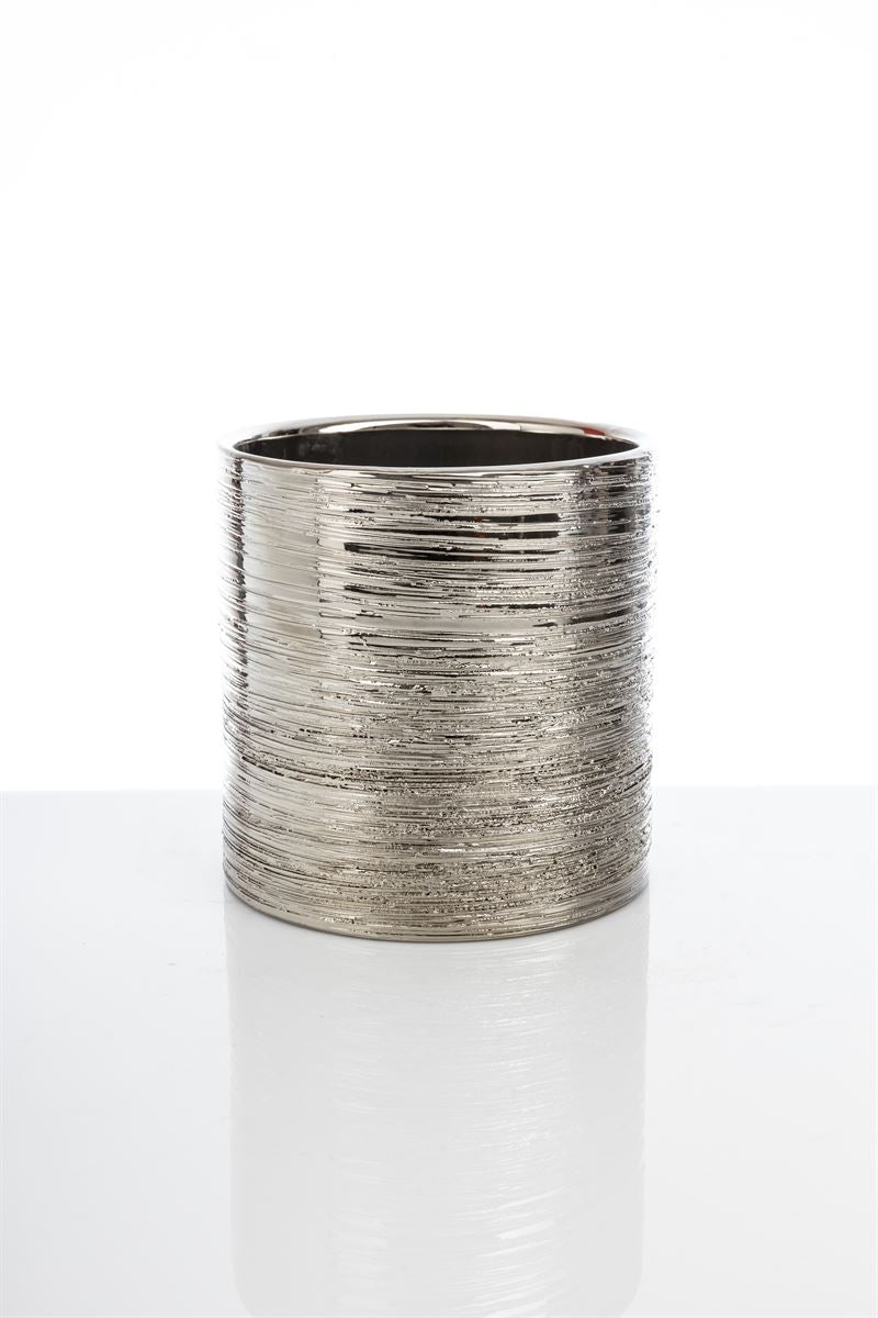 5 Inch Scratched Silver Cylinder Ceramic Vase 5W x 5H -- 24 Per Case