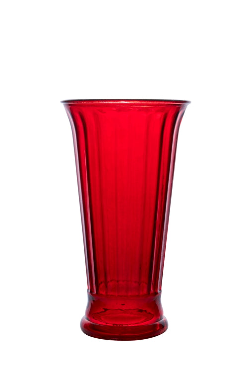 10 Inch Red Cup Footed Ribbed Glass Vase 5.5"W x 10"H -- 6 Per Case