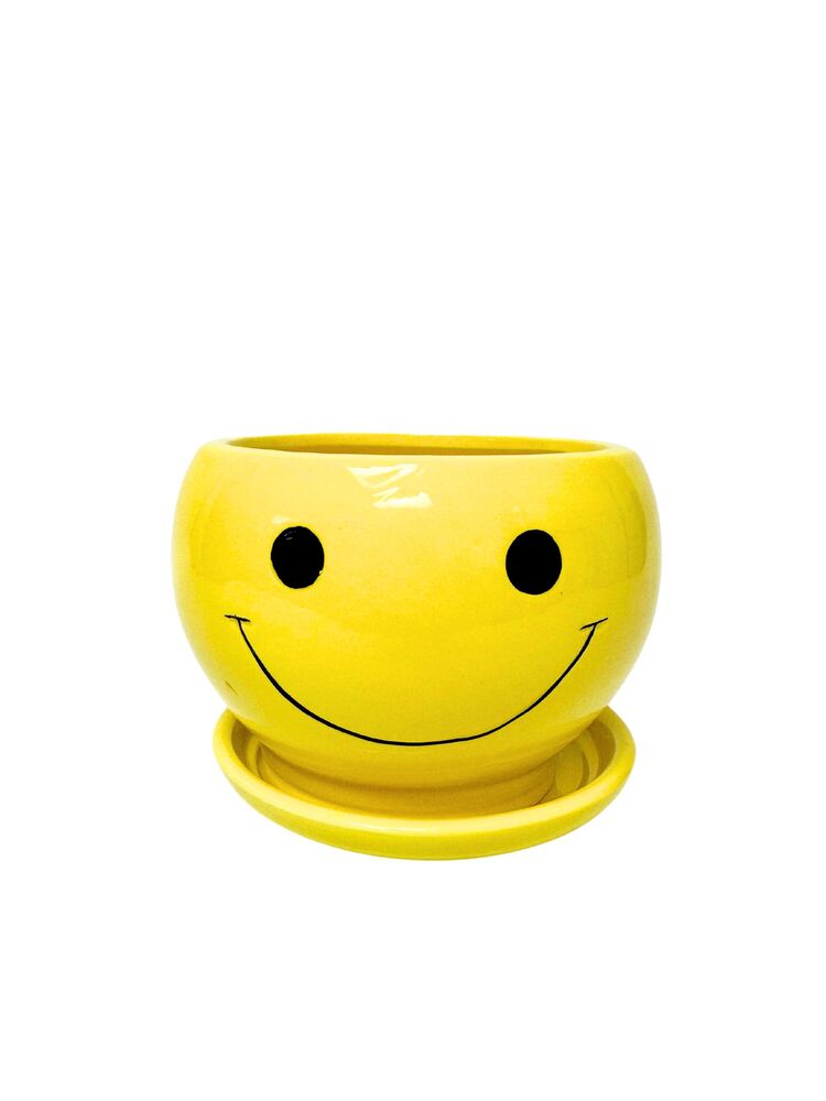 4 Inch Yellow Happy Face Fishbowl Ceramic Planter 4.5"W x 4"H -- 24 Per Case