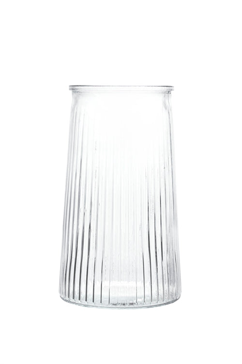 8.5 Inch Clear Tapered Cylinder Ribbed Glass Vase 4"W x 8.5"H -- 12 Per Case