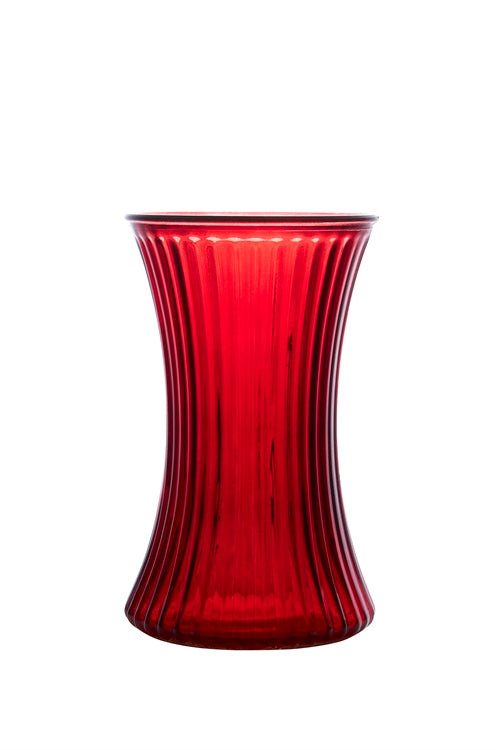 8 Inch Ribbed Red Gathering Glass Vase 5"W x 8"H -- 12 Per Case