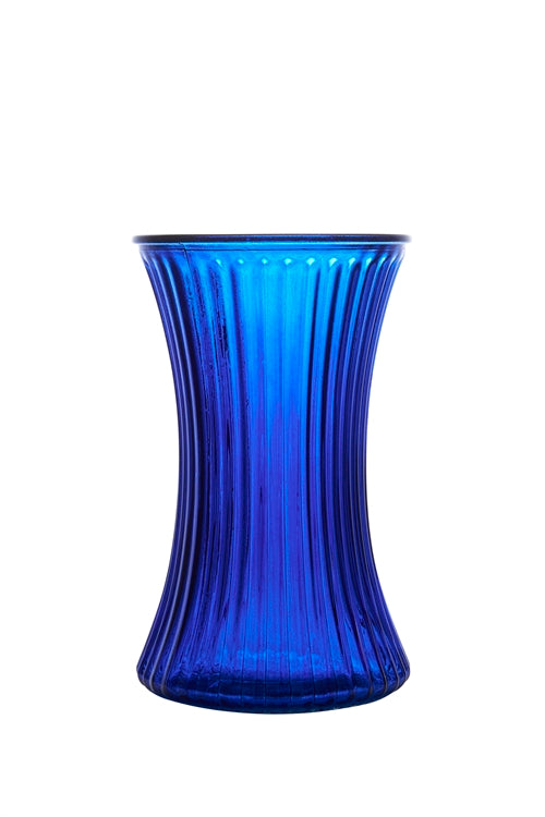 8 Inch Ribbed Blue Gathering Glass Vase 5"W x 8"H -- 12 Per Case