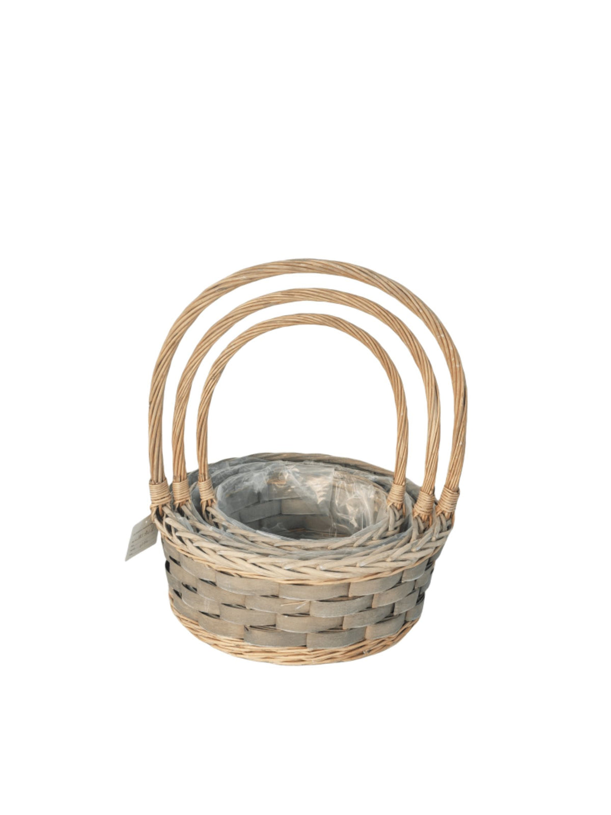3-Piece Set Gray Round Basket with Handle and Plastic Liner 14"W x 6"H -- 12 Per Case