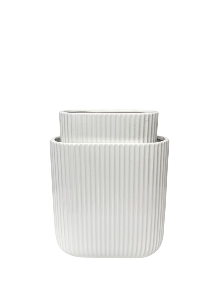 2-Piece Set Glossy White Oval Ceramic Pot with Embossed Corrugated Pattern 10"L x 5.5"W x 10"H; 8"L x 4"W x 8"H -- 4 Per Case