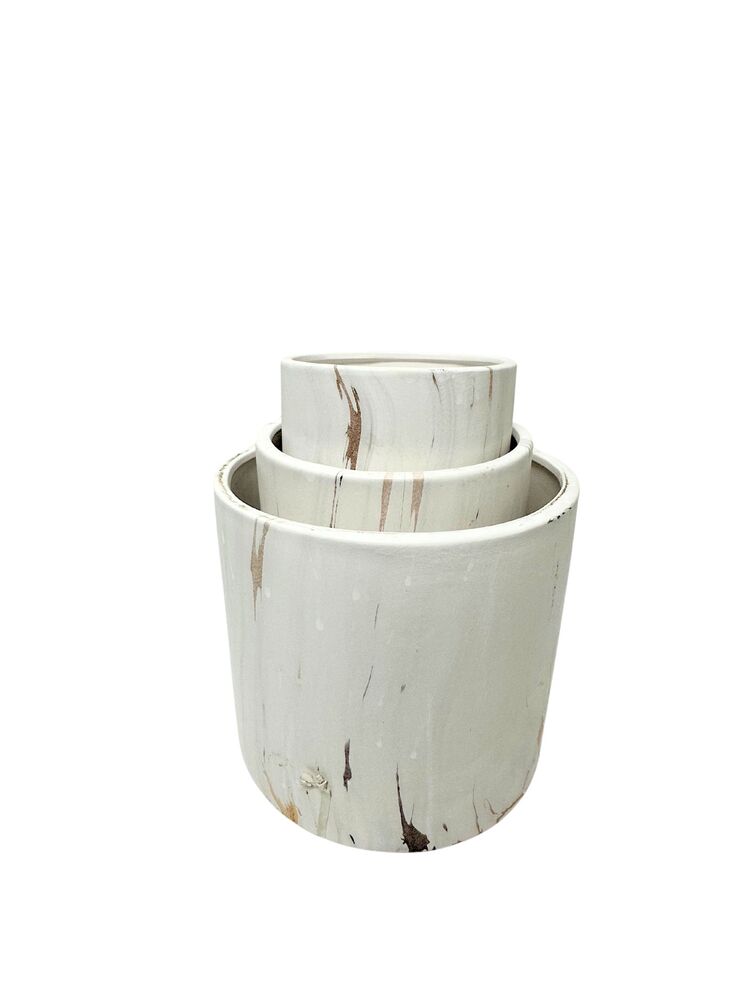 3-Piece Set Matte White Cylinder Ceramic Pot with Abstract Design 8"W x 7.5"H; 6"W x 6"H; 5"W x 5"H -- 4 Per Case