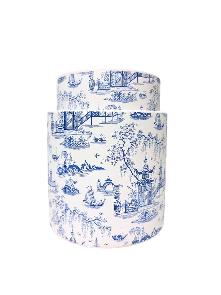 2-Piece Set Blue Cylinder Ceramic Vase w/ Abstract Asian Structures 6.25W x 6.25H 5.5W x 5.5H -- 4 Per Case