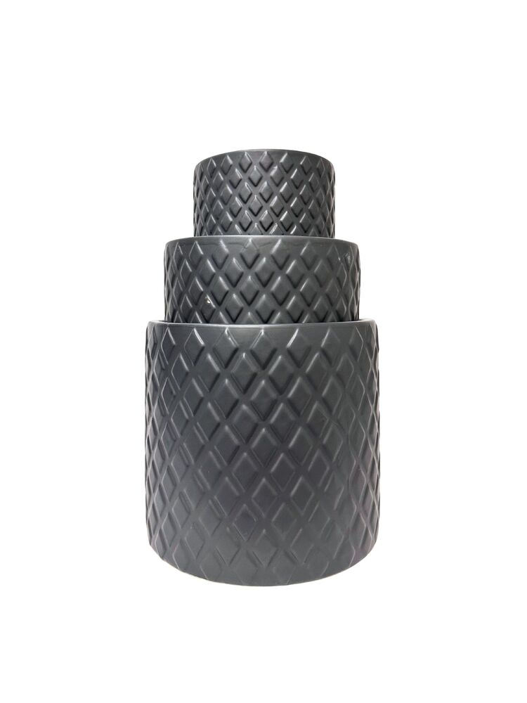 3-Piece Set Matte Black Round Ceramic Vase w/ Diamond Pattern 8"W x 7.5"H; 6.75"W x 6."H; 5"W x 4.75"H -- 4 Per Case