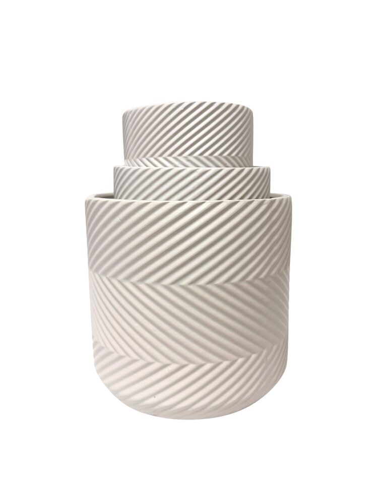 3-Piece Set White Round Ceramic Vase w/ Embossed Criss Cross Pattern 8W x 7.5H 7.5W x 6H 5W x 5H -- 4 Per Case