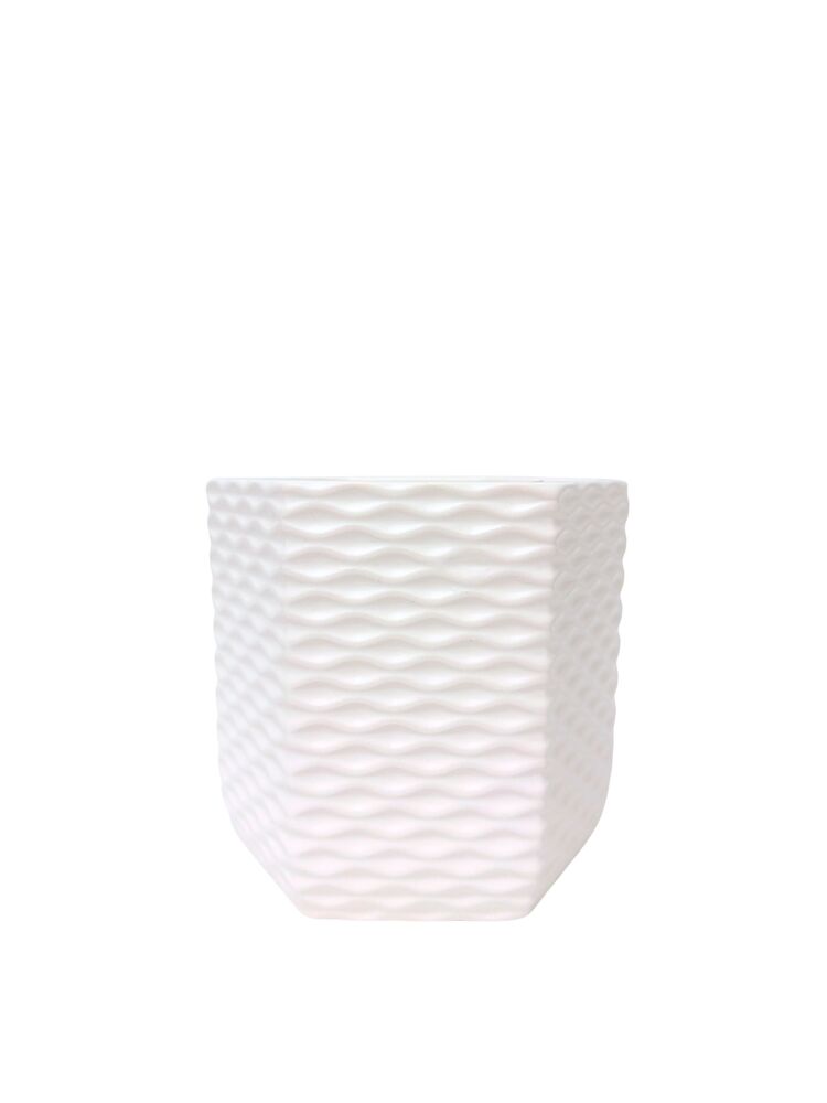 5 Inch White Hexagon Ceramic Vase w/ Wave Design 5W x 5H -- 24 Per Case