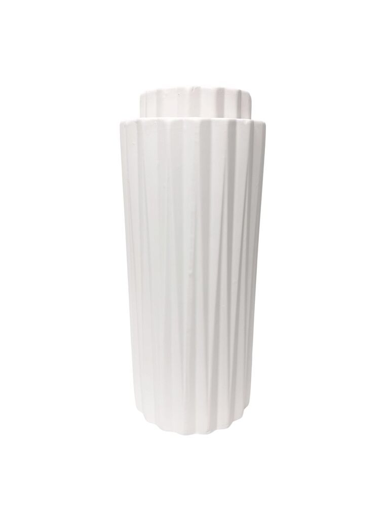 2-Piece Set White Round Ceramic Vase w/ Corrugated Column Design 6.5W x 14.5H 5W x 12.25H -- 2 Per Case