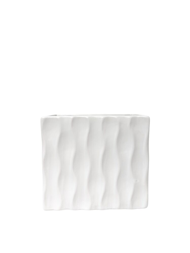 8 Inch White Rectangle Ceramic Vase w/ Geometric Column Wave Pattern 9"L x 4.75"W x 8"H -- 4 Per Case