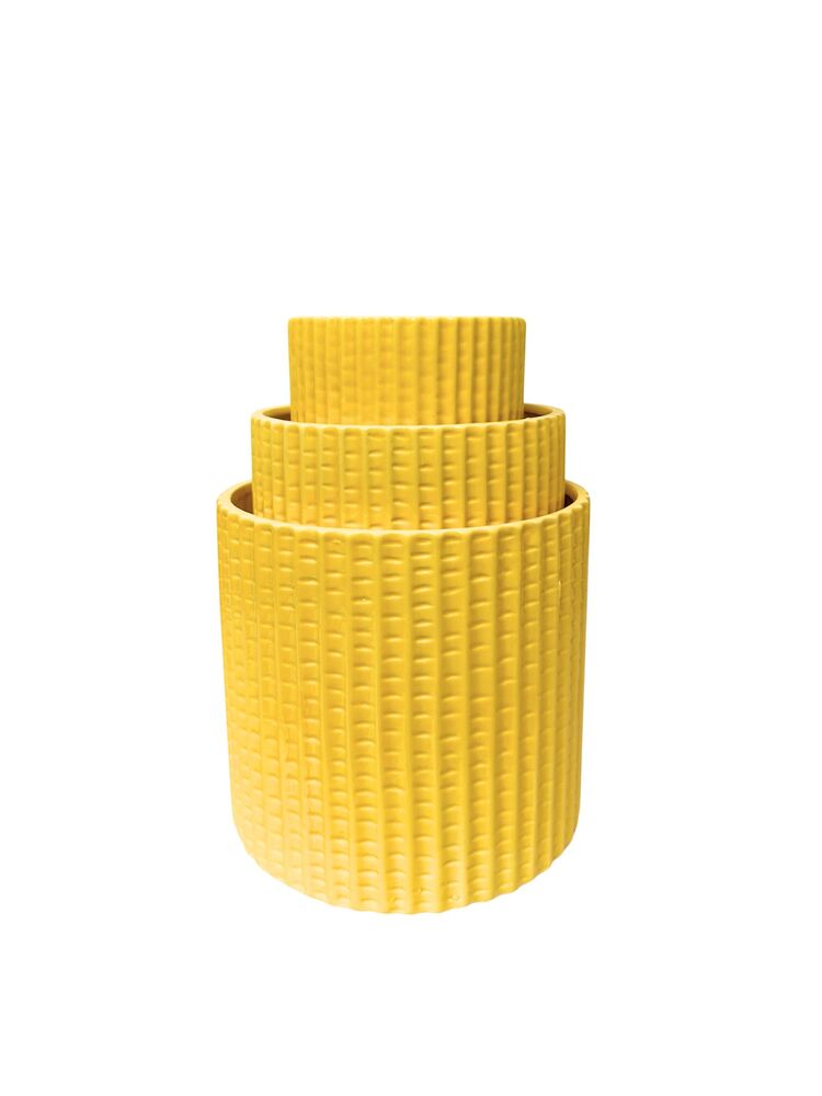 3-Piece Set Yellow Round Ceramic Vase w/ Embossed Ribbed Design 8"W x7.50"H; 6.75"W x 6"H; 5"W x 4.75"H -- 4 Per Case