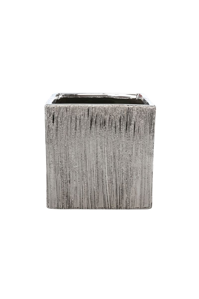 6 Inch Scratched Silver Cube Ceramic Vase 6W x 6H -- 12 Per Case