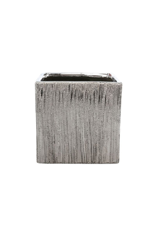 6 Inch Scratched Silver Cube Ceramic Vase 6W x 6H -- 12 Per Case