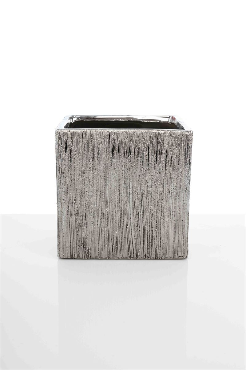 6 Inch Scratched Silver Cube Ceramic Vase 6W x 6H -- 12 Per Case