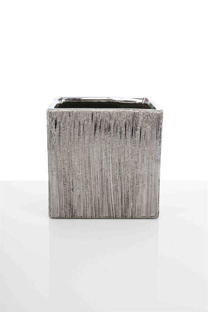 6 Inch Scratched Silver Cube Ceramic Vase 6W x 6H -- 12 Per Case