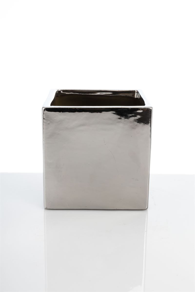 5 Inch Glossy Silver Cube Ceramic Vase 5W x 5H -- 24 Per Case