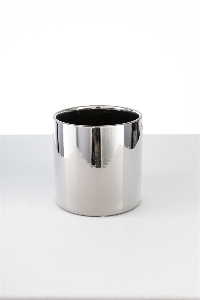 5 Inch Shiny Silver Cylinder Ceramic Vase 5W x 5H -- 24 Per Case