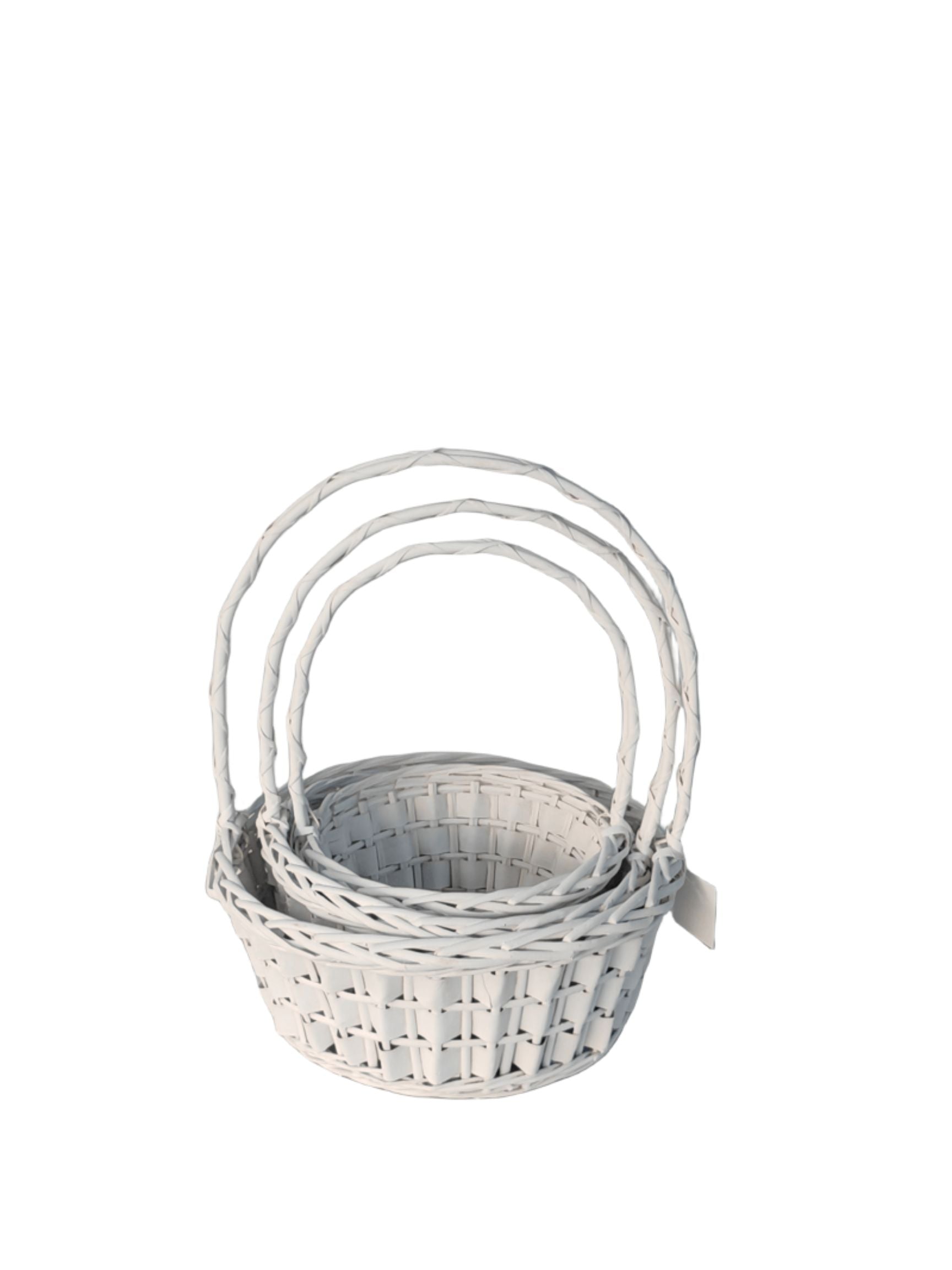 3-Piece Set White Round Basket with Handle 15W x 6H -- 12 Per Case