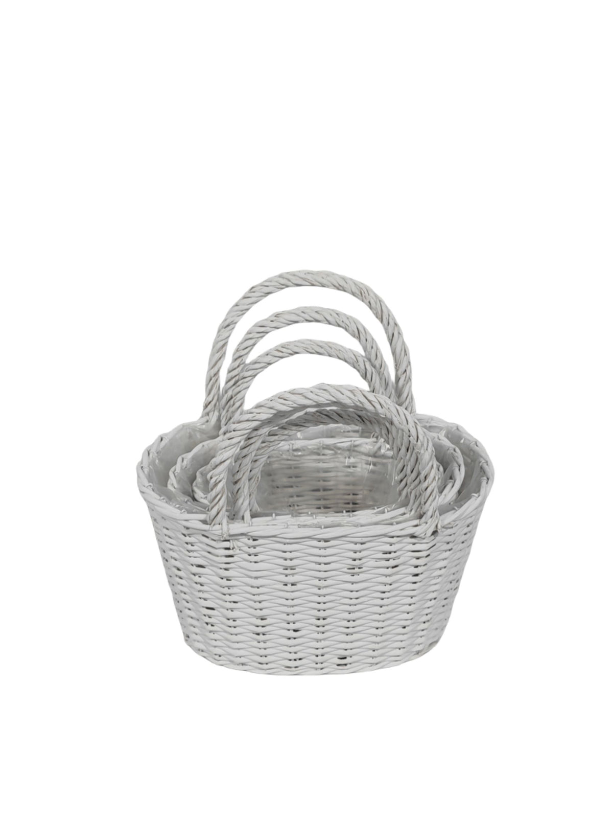 3-Piece Set White Oval Basket with Handle and Plastic Liner 12"L x 8"W x 7""H -- 16 Per Case