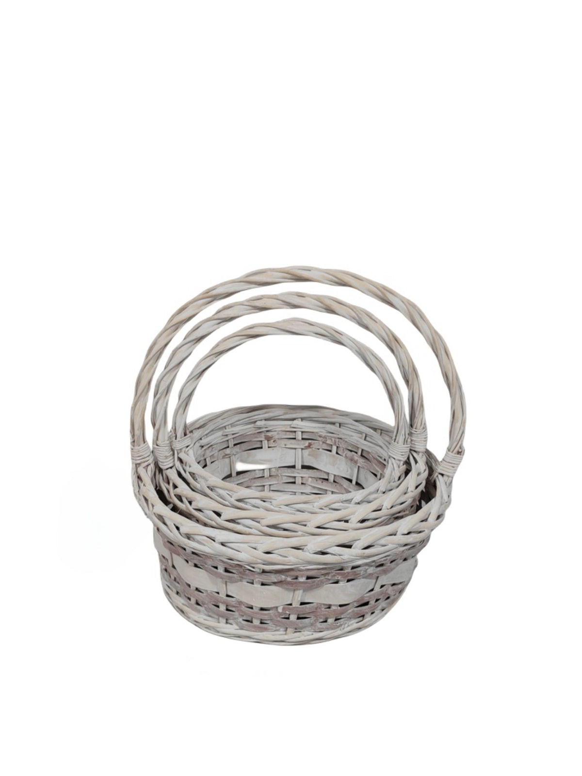 3-Piece Set White and Brown Round Basket with Handle 15"W x 6"H -- 12 Per Case