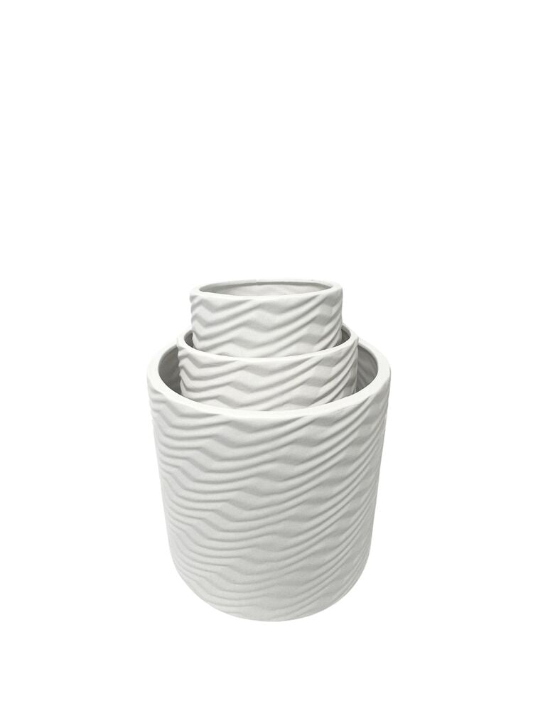 3-Piece Set Matte White Round Ceramic Pot with Embossed Vector Pattern 8W x 7.5H 6W x 6H 5W x 5H -- 4 Per Case