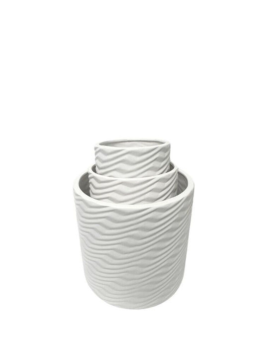 3-Piece Set Matte White Round Ceramic Pot with Embossed Vector Pattern 8W x 7.5H 6W x 6H 5W x 5H -- 4 Per Case