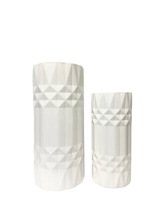2-Piece Set White Cylinder Ceramic Vase w/ Symmetric Spike Pattern 7.5W x 16.5H 5.75W x 12.75H -- 2 Per Case