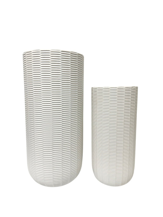 2-Piece Set Matte White Cup w/ Symmetric Line Pattern Ceramic Vase 7.5W x 16.5H 5.75W x 12.75H -- 2 Per Case