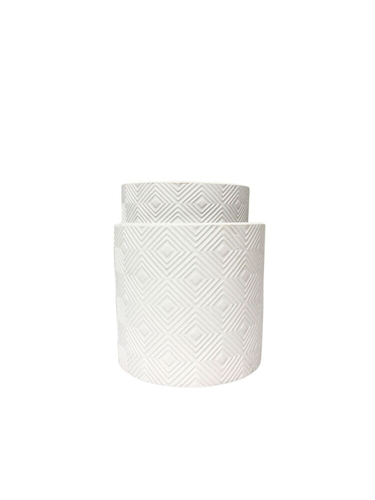 2-Piece Set Matte White Cylinder Ceramic Vase w/ Embossed Lattice Concentric Diamond Pattern 5.5W x 5H 4.5W x 4H -- 4 Per Case