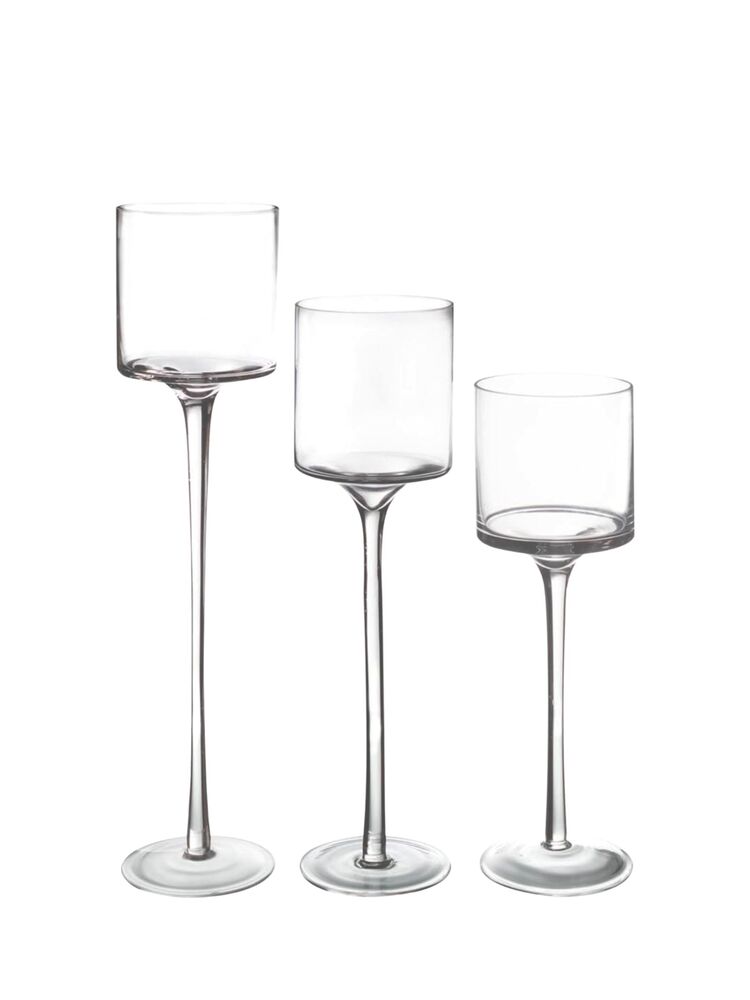 3-Piece Set Clear Long Stem Cup Glass Candle Holder 3.5W x 10H 3.5W x 12H 3.5W x 14H -- 1 Per Case