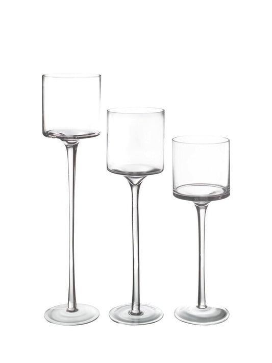 3-Piece Set Clear Long Stem Cup Glass Candle Holder 3.5W x 10H 3.5W x 12H 3.5W x 14H -- 1 Per Case