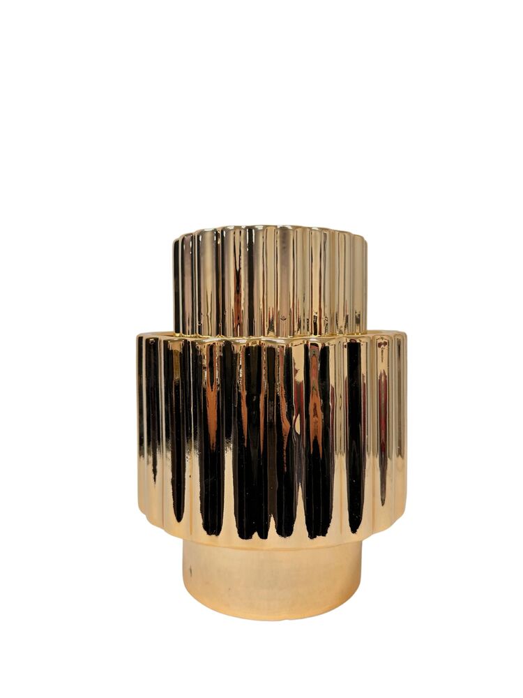 2-Piece Set Metallic Gold Round Ceramic Vase w/ Embossed Column Pattern 8W x 7.5H 6W x 6H -- 4 Per Case