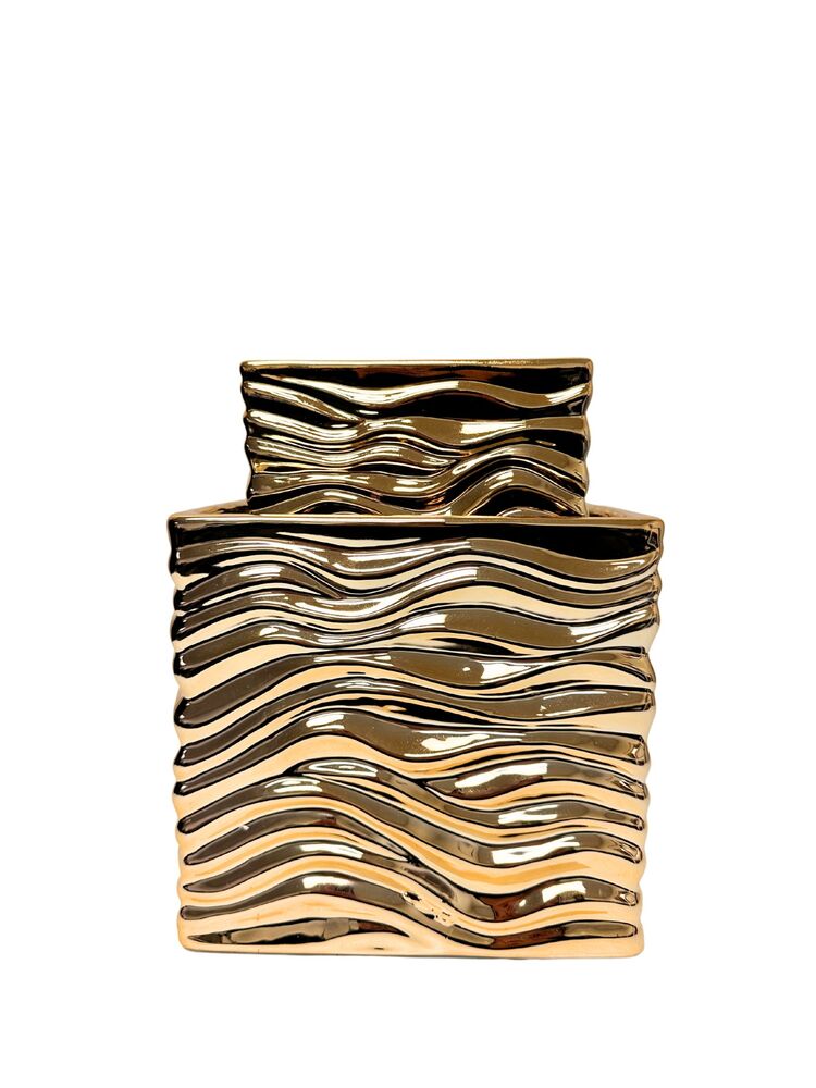2-Piece Set Metallic Gold Square Ceramic Vase w/ Wavy Pattern 8W x 7.5H 6W x 6H -- 4 Per Case
