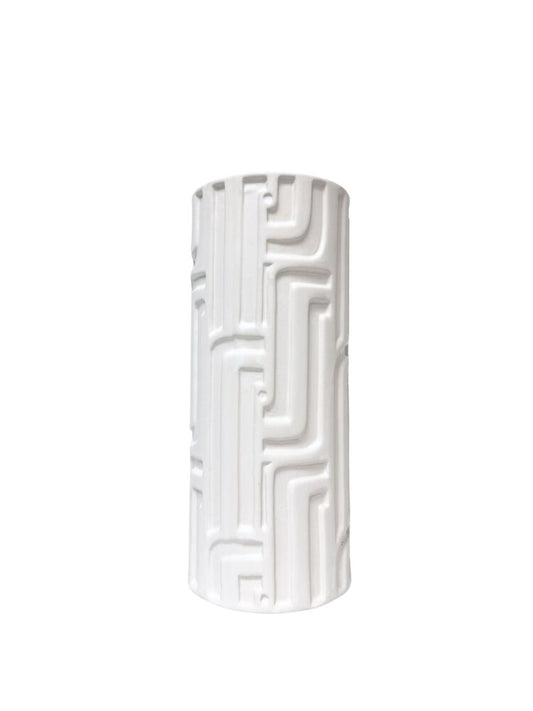11.25 Inch White Cylinder Ceramic Vase w/ Embossed Abstract Pattern 4.75W x 11.25H -- 4 Per Case
