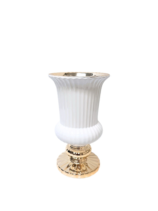 10 Inch White and Gold Urn Ceramic Vase 6W x 10H -- 6 Per Case