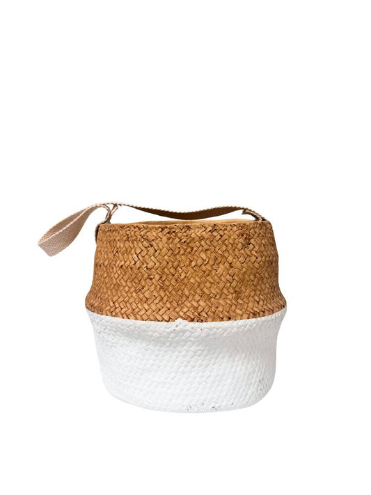 8 Inch Basket Weave Top and White Bottom Round Cement Planter w/ Strap Handle 5.25W x 8H -- 4 Per Case