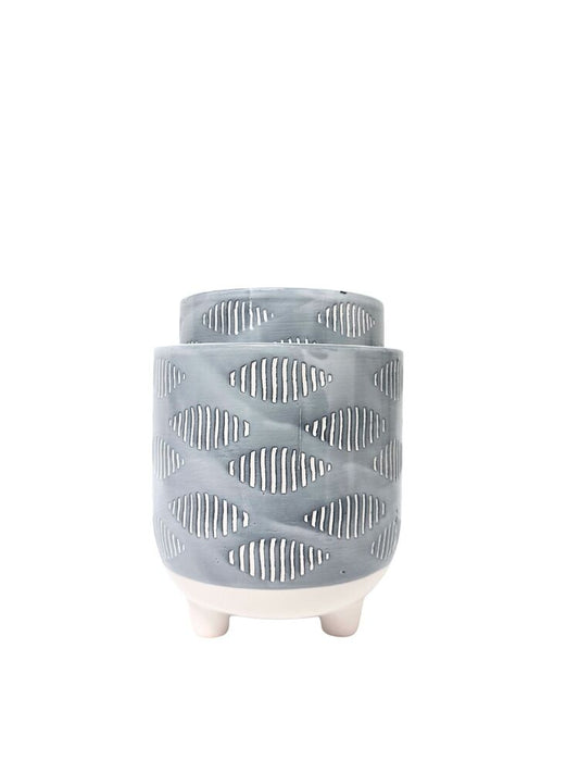2-Piece Set Baby Blue Round Ceramic Vase w/ Debossed Ovate Patches on Tripod Stand 6W x 6.5H 5W x 5.25H -- 6 Per Case