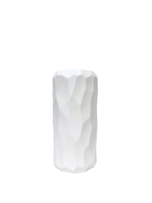 9 Inch White Cylinder Ceramic Vase w/ Embossed Irregular Pattern 4.25W x 9H -- 6 Per Case