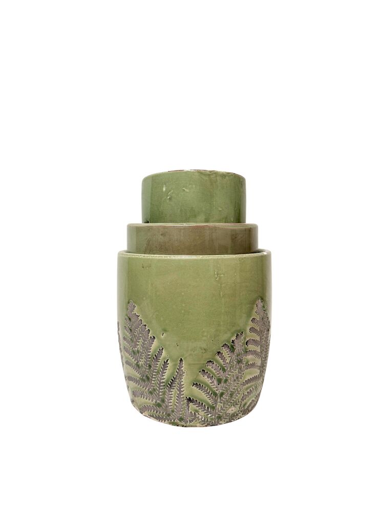 3-Piece Set Green Round Ceramic Vase w/ Bottom Fern Leaf Design 6.75W x 6.5H 6W x 5.25H 4.5W x 4.75H -- 4 Per Case