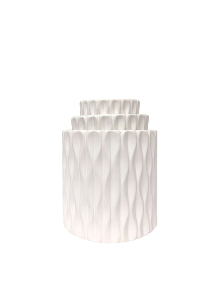 3-Piece Set White Cylinder Ceramic Vase w/ Embossed Wave Design 7W x 6.75H 5.5W x 5.5H 4.25W x 4.25H -- 4 Per Case