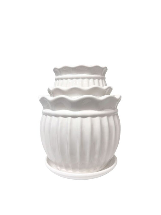 3-Piece Set White Scalloped Round Ceramic Vase 8.5W x 7.5H -- 4 Per Case