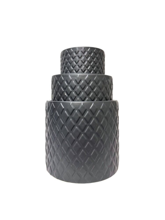 3-Piece Set Matte Black Round Ceramic Vase w/ Diamond Pattern 8"W x 7.5"H; 6.75"W x 6."H; 5"W x 4.75"H -- 4 Per Case